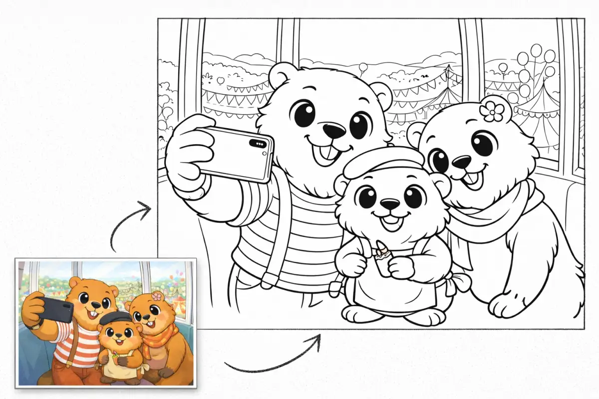 Convert the photo of a family of little beavers at an amusement park into a coloring page